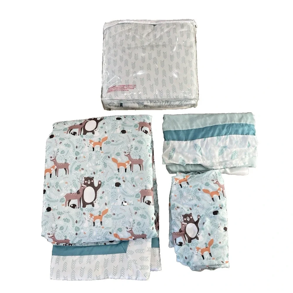 My Baby Sam Forest Friends 4 Pc Nursery Crib Bedding Set Quilt Sheet Skirt Rail
